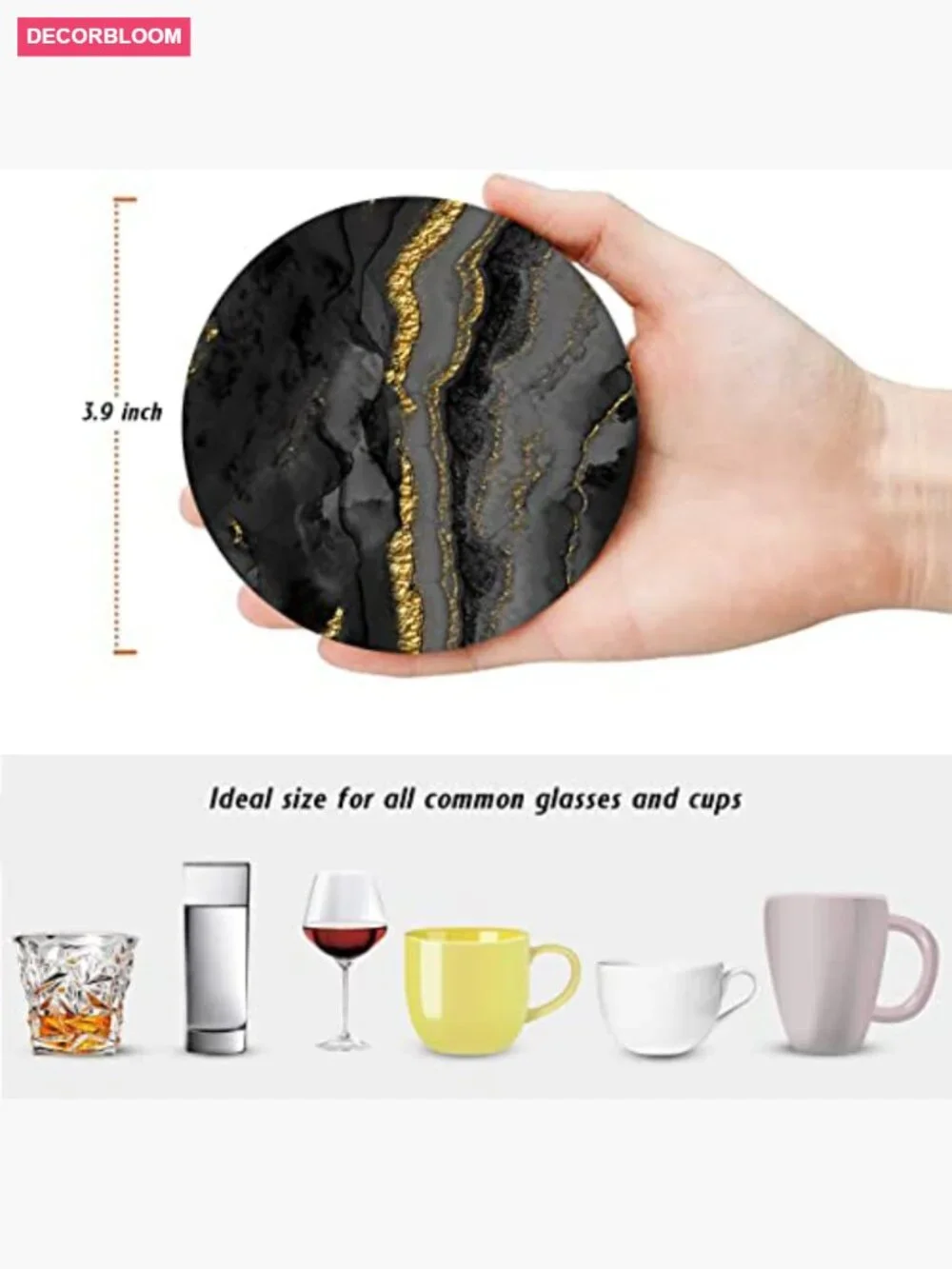 6 Round Stone Absorbent Coasters with Cork Base & Metal Holder